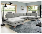 Narożna rozkładana sofa tapicerowana w kształcie U AVESTA, szara, z pojemnikiem na pościel