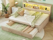 Łóżko banquette 140x200cm z łóżkiem wysuwanym 90x190cm - szafka nocna z oświetleniem LED i gniazdami - Naturalny