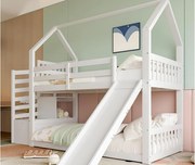Łóżko piętrowe 90x200cm z drewna - z barierkami + schodami do przechowywania + zjeżdżalnią - Białe
