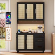 Komoda kuchenna z diodami LED - 100 x 40 x 183 cm - z USB + gniazdkami + regulowane półki + 3 szuflady - MDF - czarny