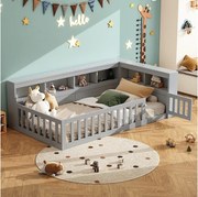 Łóżko pojedyncze dla dzieci - 90 x 200 cm - szafka nocna z pojemnikiem + gniazdko + USB - z listwami - płyta wiórowa - szare