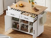 Mobilna centralna wyspa kuchenna - stół rozkładany - z 2 drzwiami i 2 szufladami - z wieszakiem na ręczniki do wina i kółkami - Biały