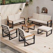 Zestaw mebli ogrodowych - 1 sofa trzyosobowa + 1 sofa dwuosobowa + 2 fotele + stolik + podnóżek - metalowy - beżowy