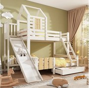 Łóżko piętrowe dziecięce kabinowe - 90 x 200 + 140 x 200 cm - z szufladą + zjeżdżalnią + drabinką - Metal + drewno - białe