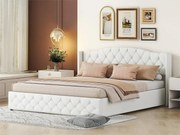 Łóżko z materacem na stelażu - tkanina lniana - 180x200cm - białe