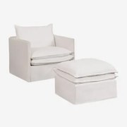 Komplet Wypoczynkowy Z Fotelem I Pufą Z Lnu I Bawełny Grace Tkaniny Distressed White - Sklum