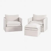 Komplet Wypoczynkowy Z 2 Fotelami I Pufem Z Lnu I Bawełny Grace Tkaniny Distressed White - Sklum