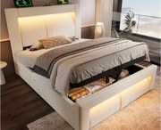 Łóżko tapicerowane ze schowkiem 90x200cm - z oświetleniem LED - z portami USB i Type-C - welur - Beżowy​ (bez materaca)