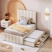 Łóżko dziecięce 90x200 cm - z zagłówkiem, szufladami, stelażem - materiał - beżowy - materac nie jest wliczony w cenę