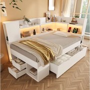 Łóżko dziecięce z pojemnikiem - 90 x 200 cm - z diodami LED + USB + półki + szuflady - drewno - białe