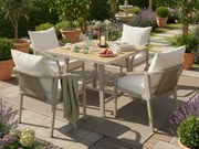 Zestaw jadalniany ogrodowy na 4 osoby - 4 fotele - 1 stół - konstrukcja z żelaza ocynkowanego - z plecionego sznurka - z tworzywa drewnopodobnego, Khaki i beżowy