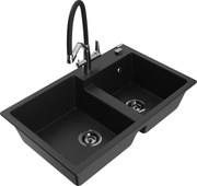 Mexen Tomas zlewozmywak granitowy 2-komorowy z baterią kuchenną Duo, czarny - 6516-77-671701-07-B