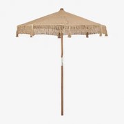 Parasol Z Drewna Tekowego I Bawełny Tongariki Ø220 Cm & Makrama W Kolorze Migdałowo-beżowym - Sklum
