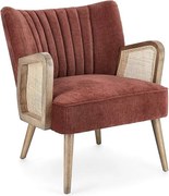 Fotel z tkaniny z efektem aksamitu w kolorze ceglastym, drewniane nogi i podłokietniki - VIRNA
