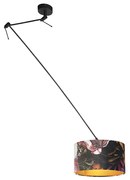 Lampa wisząca czarna z abażurem z aksamitu w kwiaty ze złotem 35 cm - Blitz klasyczny/Antyczny Oswietlenie wewnetrzne