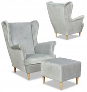 Fotel uszak Angelo z podnóżkiem pikowany jas.szary