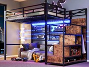 Oświetlony antresola 140x200 cm - konstrukcja stalowa - z szafą + drabinką magazynową - taśma LED - czarny (materac nie jest wliczony w cenę)