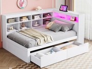 Łóżko-sofa z litego drewna 90 x 200 cm - z schowkiem - z USB - z oświetleniem LED + z gniazdkiem - białe (bez materaca)