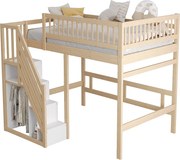 Łóżko mezzanine 140x200cm - ze schodami z miejscem do przechowywania - drewno lite + sklejka + MDF - Naturalny