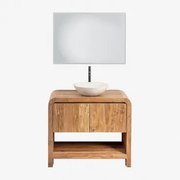 Zestaw Mebli Łazienkowych Z Drewna Vacry Akacja Brąz & Cement Okrągły Biały Ø40 Cm Zavion & Prostokątna Lampa - Sklum