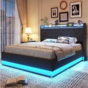 Łóżko z pojemnikiem 140 x 200 cm i zagłówkiem - LED i USB - Tkanina lniana - Stelaż z listew - Szary