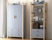 Zestaw szafa dziecięca - szafa dziecięca + półka przechowawcza - 4 szuflady i 2 drzwi - konstrukcja sosnowa - niebieski + naturalny