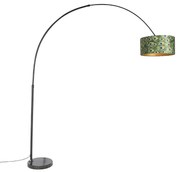 Lampa łukowa botaniczna z czarnym abażurem z aksamitu w wzory pawia 50 cm - XXL
