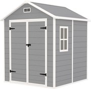 Outsunny Szopa ogrodowa, Schowek na narzędzia z podłogą, zamknięte drzwi, otwory wentylacyjne, okno, wygląd drewna, Tworzywo sztuczne, Szary