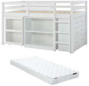 Łóżko piętrowe 90 x 190 cm ze schowkami i rozsuwanym biurkiem - Drewno sosnowe i MDF - Biały + Materac - ABRENO