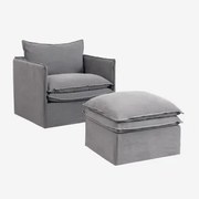 Komplet Wypoczynkowy Z Fotelem I Pufą Z Lnu I Bawełny Grace Tkaniny Dark Grey - Sklum