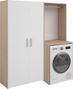 Mebel pod pralkę z szafą ubraniową i podwójną kolumną z drzwiami – Jasny naturalny i biały – S156 x W184 – ERKANO