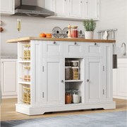 Mobilna wyspa kuchenna z 3 szufladami, 2 drzwiami i półkami - rozkładany blat - 132 x 40/70 x 87 cm - drewno MDF - biały + naturalny