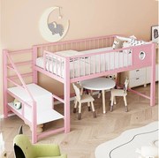 Łóżko piętrowe dla dzieci - 90 x 200 cm - z drabinką do przechowywania - metalowa rama - różowe