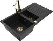 Mexen Matias zlewozmywak granitowy 1,5-komorowy z ociekaczem i baterią kuchenną Rita, czarny - 6502-77-670300-50