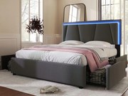 Łóżko tapicerowane 160x200cm z lnu - z 2 szufladami + LED + stelażem na listwy - Szary