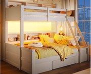 Łóżko piętrowe 90x200cm + 140x200cm - z drabinką i barierką zabezpieczającą - 1 szuflada - oświetlenie LED - ​​biały​​ (materac nie jest wliczony w cenę)
