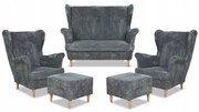 Zestaw wypoczynkowy uszak Bonito sofa fotele pufy Family Meble szary sztruk