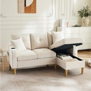 3-osobowa sofa narożna ze schowkiem, poduszkami i uchwytami na kubki – beżowa bawełna i len