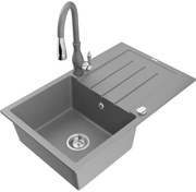 Mexen Bruno zlewozmywak granitowy 1-komorowy z ociekaczem i baterią kuchenną Savita, szary - 6513-71-672601-71