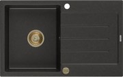 Mexen Bruno zlewozmywak granitowy 1-komorowy z ociekaczem 795 x 495 mm, czarny/złoty metalik, syfon złoty - 6513791010-75-G