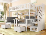 Łóżko piętrowe 90×200 cm - Łóżko i biurko 2 w 1 - Schody ze schowkiem - Z barierką bezpieczeństwa - Białe (materac nie jest zawarty)