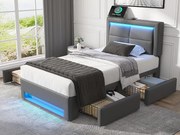 Łóżko z szufladami 90x190 cm z ekoskóry - z LED i portami ładowania (przewodowymi i bezprzewodowymi) - Szare