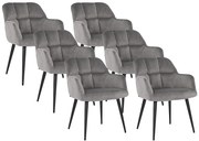 Zestaw 6 krzeseł PEGA – z podłokietnikami – welur i metal – kolor szary