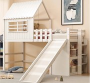 Łóżko dziecięce 90×200 cm - z drabiną bezpieczeństwa - ze zjeżdżalnią - ze schowkiem - białe (materac nie jest zawarty)
