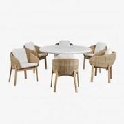 Zestaw Okrągłego Stołu Cementowego Namara O Średnicy 140 Cm I 6 Krzeseł Ogrodowych Leilan Z Drewna Akacjowego. Biała - Sklum