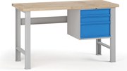 Stół warsztatowy G7, blat bukowy, 1500 x 685 x 840 mm, 1x kontener, 3x szuflada, niebieski