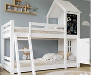 Łóżko piętrowe dziecięce 90x200cm - Z 1 drzwiczkami i tablicą kredową - Z drabinką - Drewno lite + MDF + PB + Sklejka - Biały (bez materaca)