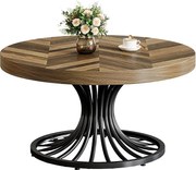 Okrągły drewniany stolik kawowy, 80 cm okrągły stolik kawowy z metalową podstawą, wyjątkowy industrialny stolik kawowy, rustykalny brąz i czerń