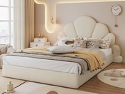 Łóżko pojedyncze 140x200 cm z welurowym obiciem - wezgłowie w kształcie kwiatu - z listwowym stelażem - Beżowy