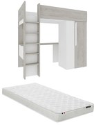 Łóżko antresola 90 x 200 cm z szafą i biurkiem - Naturalny poszarzony i biały + Materac - NICOLAS